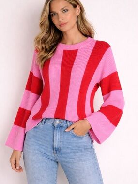 Women's Pink & Red Striped Crewneck Sweater